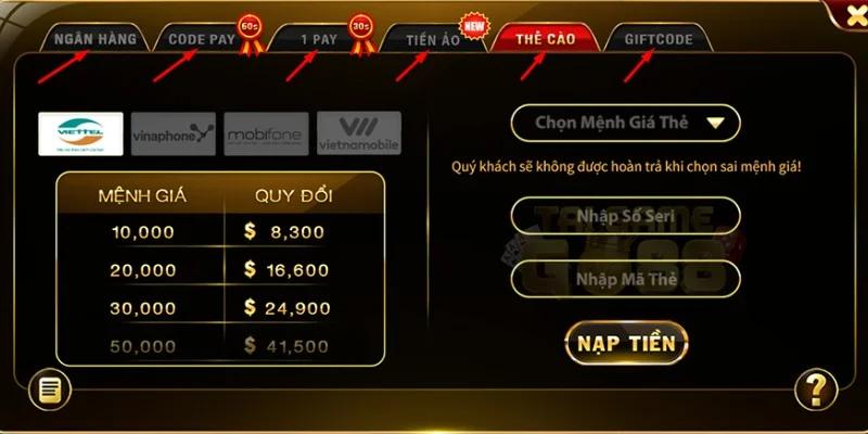 Hướng dẫn các bước nạp tiền Go88